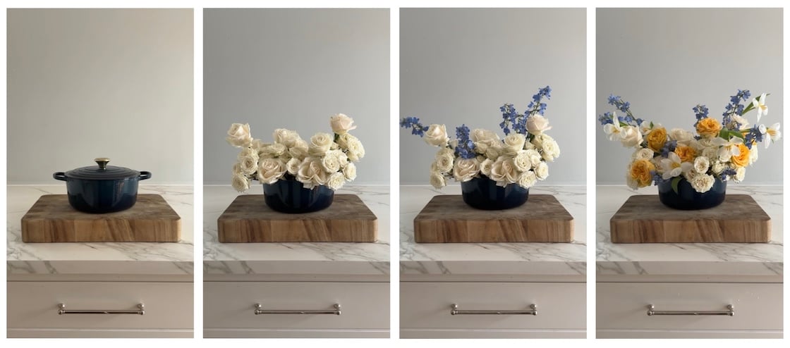 stages of flower arranging in a Dutch oven