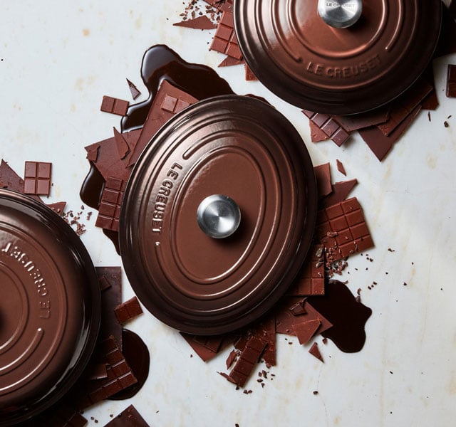 cast iron lids in ganache brown with melting chocolate