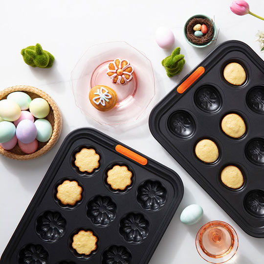 non-stick specialty pans with fun easer egg and flower shapes