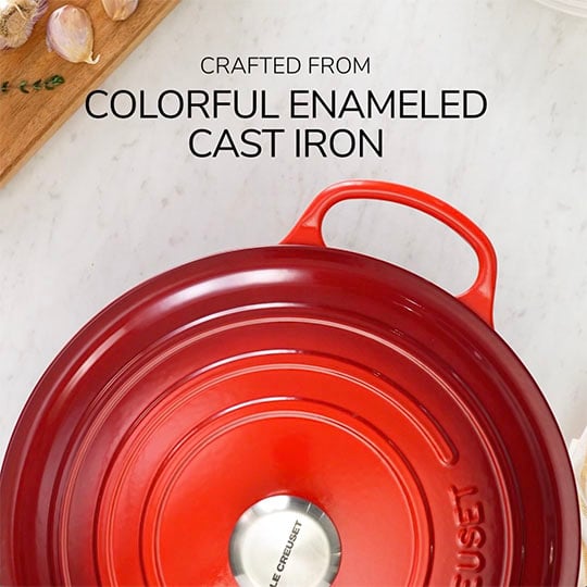 overhead shot of red dutch oven with overlaid text that reads: crafted from colorful enameled cast iron