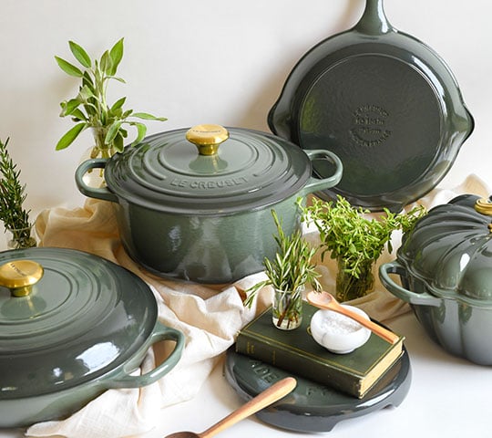 assorted cookware items in thyme green
