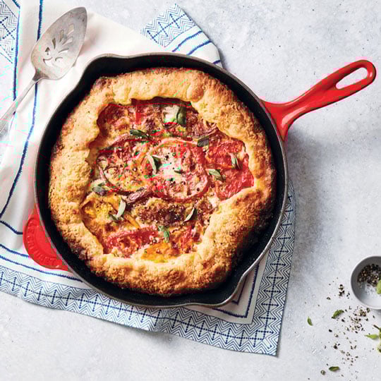 rustic tart in a cerise red skillet