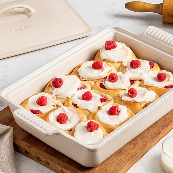 baked dessert in a rectangular casserole dish with a lid