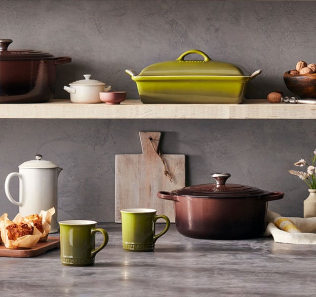 cookware in brown, cream and olive green