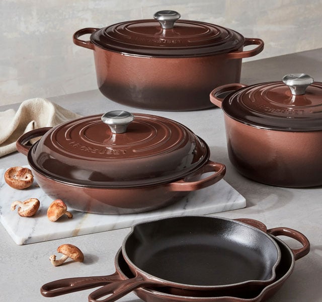 cast iron cookware in rich ganache brown