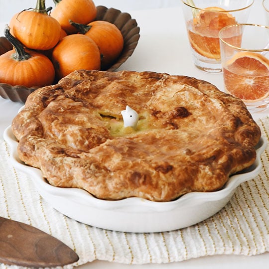 rustic pie with a pie bird baked into the center