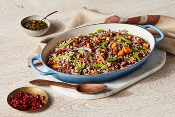 wild rice salad in a cast iron oval roasting pan