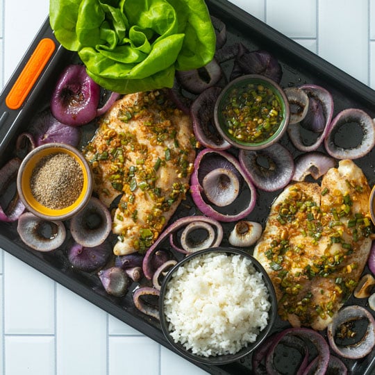 fish and scallions on a non-stick roasting pan