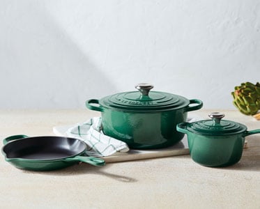 green cast iron cookware set