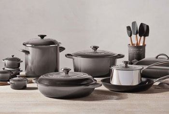 large set of cookware in oyster gray