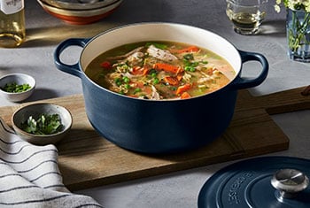 hearty chicken soup in a dutch oven