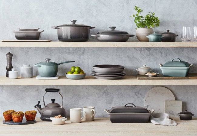 assorted cookware on shelves