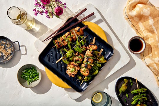 kebabs in a grill pan