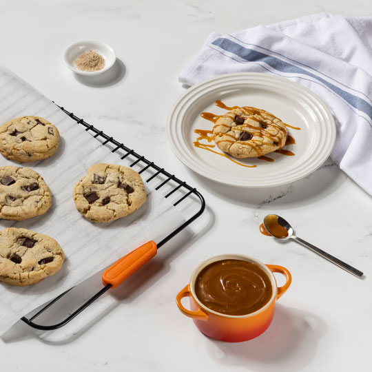 chocolate chip cookies drizzled with caramel sauce