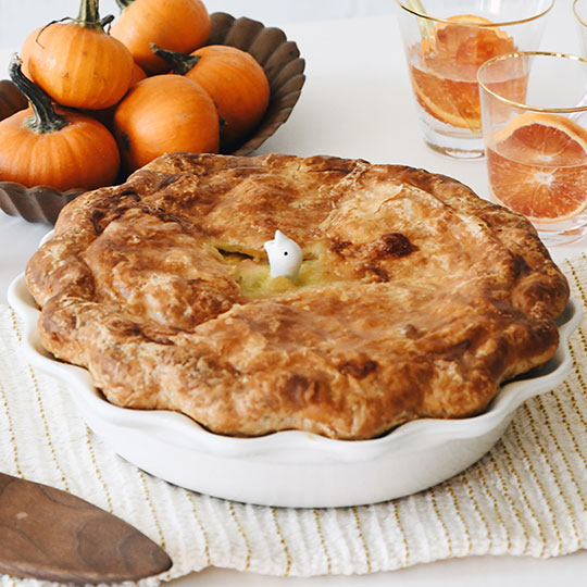 pie with a whote pie bird peeking out