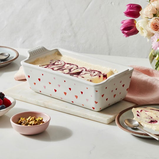 stoneware loaf pan filled with a frozen treat