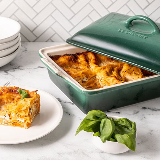 lasagne in a rectangular lidded baker