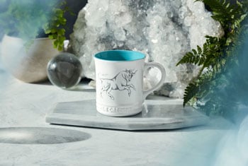 white mug with turquoise interior and bull design on side