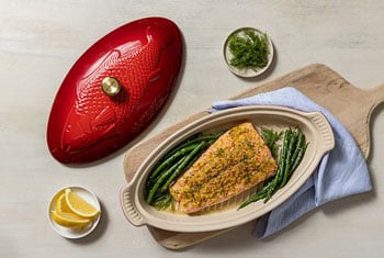 salmon in a red fish baker
