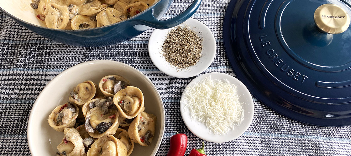 pasta with mushroom sauce in a dutch oven