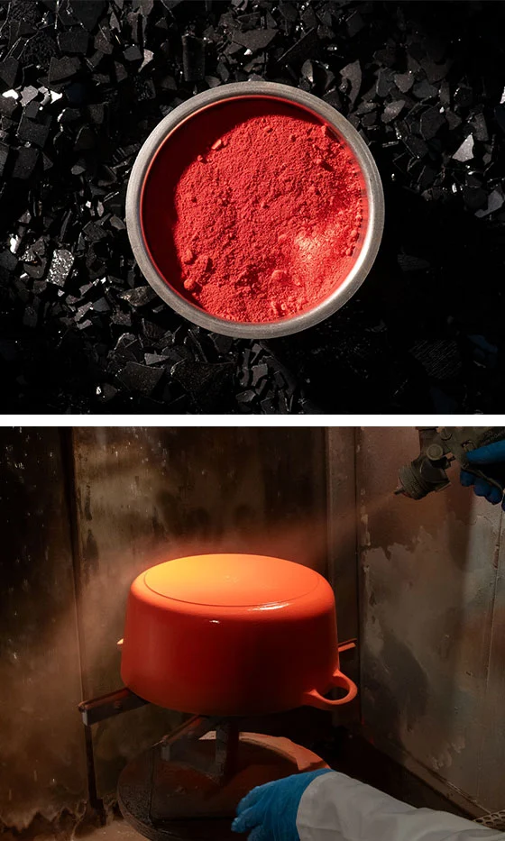 two images show the process of creating colorful cookware, from powdered color to applying the color to the cookware