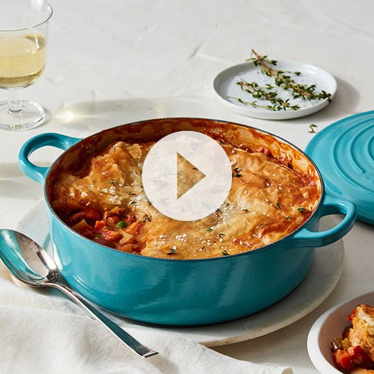 homestyle pot pie in a shallow dutch oven