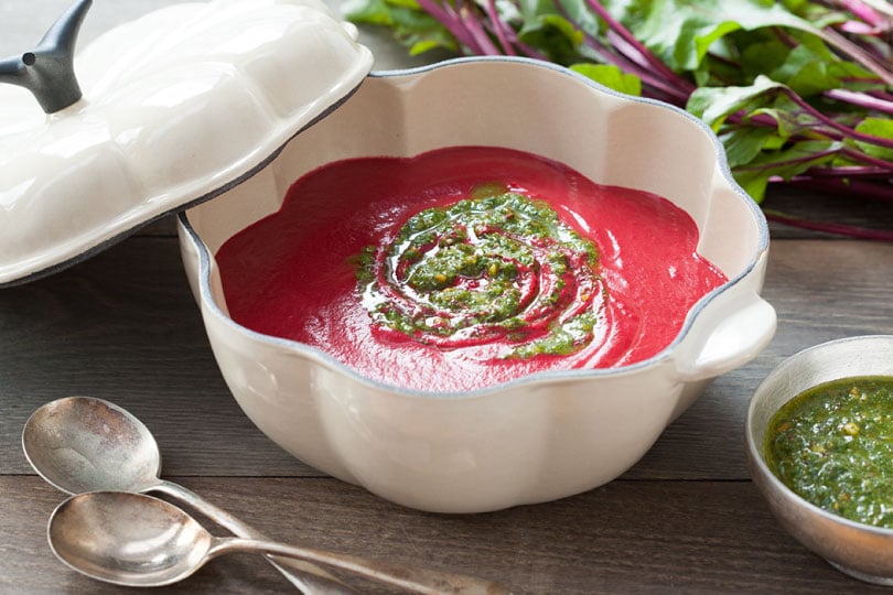 Beet Soup with Beet Green Pesto