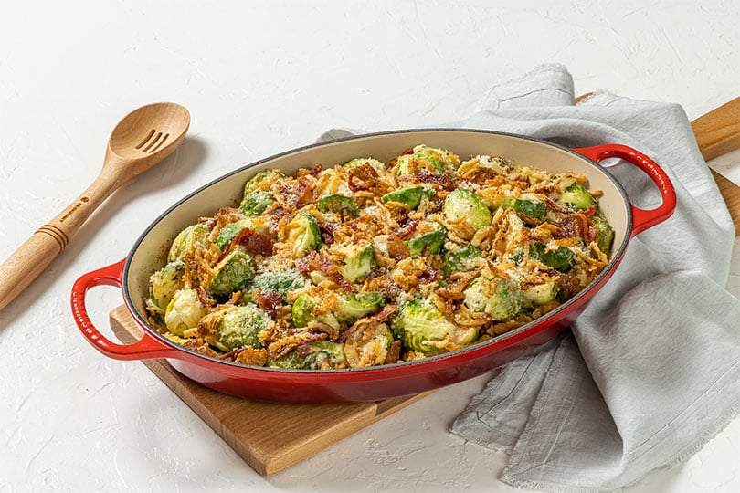 Mustard Brussels Sprout Gratin with Crispy Bacon & Onion Topping