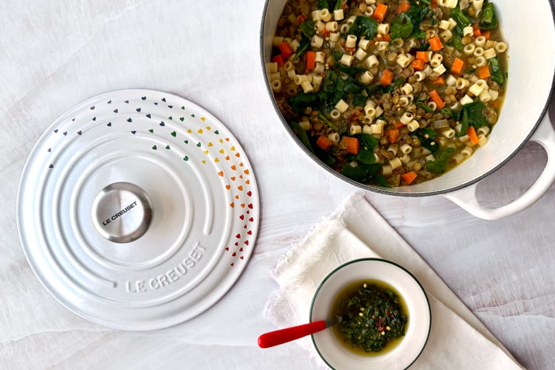 Lentil Soup with Ditalini Pasta, Spinach and Lemon Herb Oil