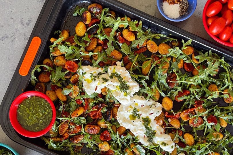 Sheet Pan Gnocchi with Tomatoes, Arugula and Burrata