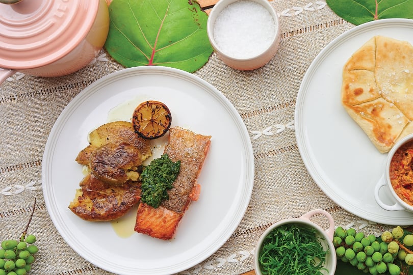 Crispy Skin Salmon with Smashed Potatoes, Charred Citrus and Salsa Verde