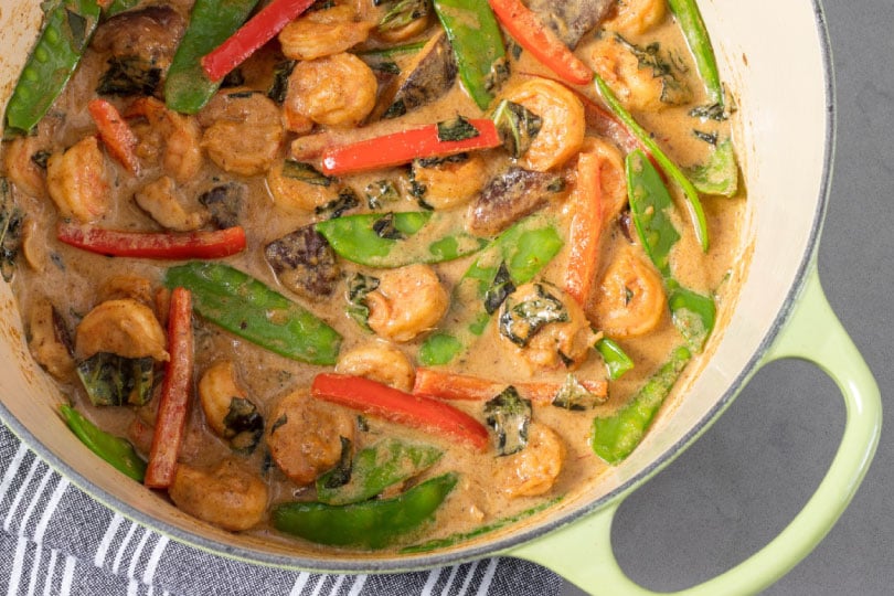 Thai Green Curry with Shrimp, Snow Peas, and Shiitakes