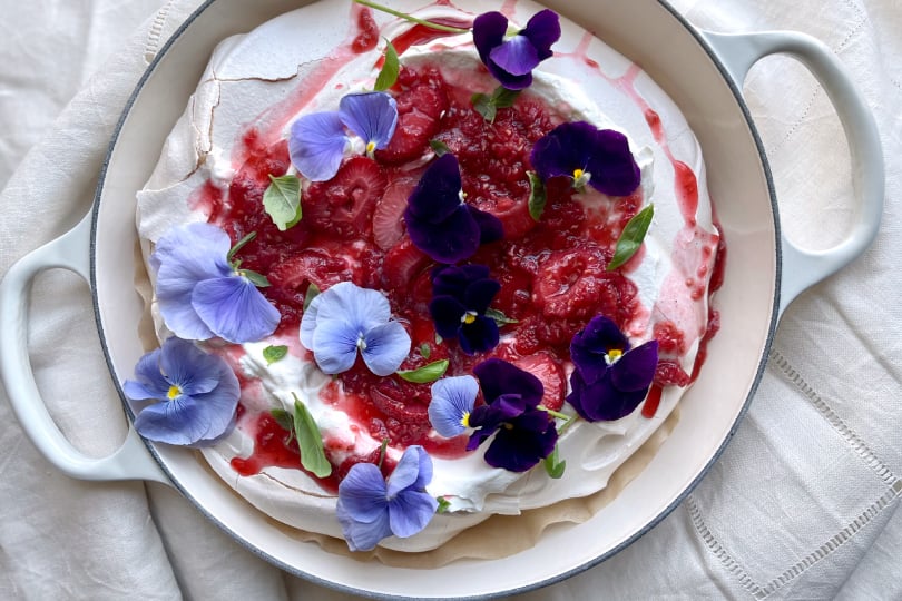 Berry Pavlova with Fresh Cream and Basil