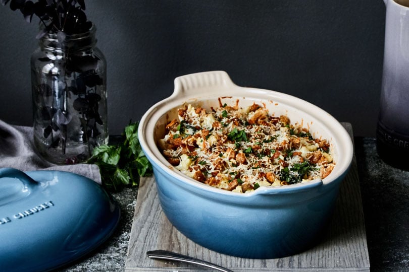 Cauliflower and Kale Casserole with Brown Butter Breadcrumbs
