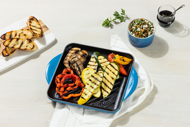Grilled Vegetables with Goat Cheese, Thyme Balsamic Reduction and Pistachios