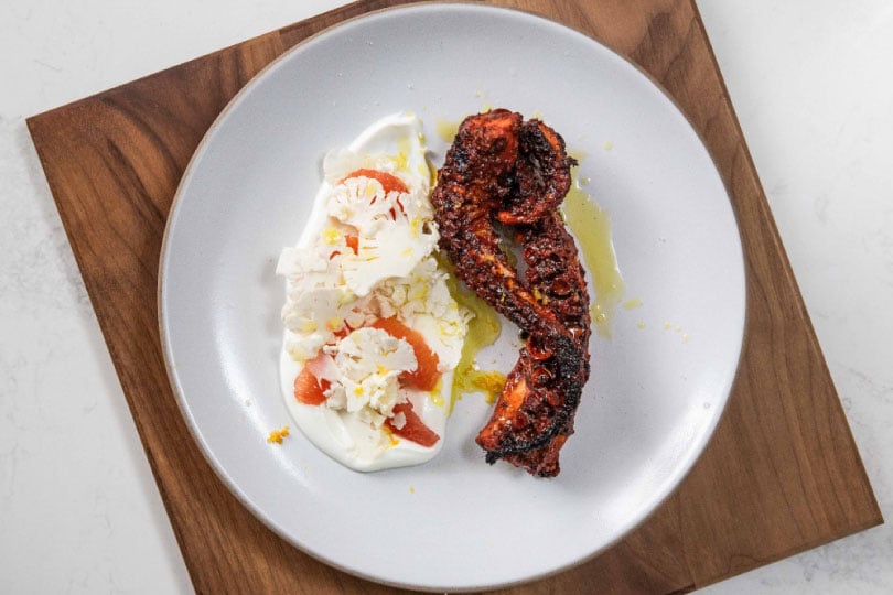 Tandoori Octopus with Yogurt, Cauliflower and Grapefruit