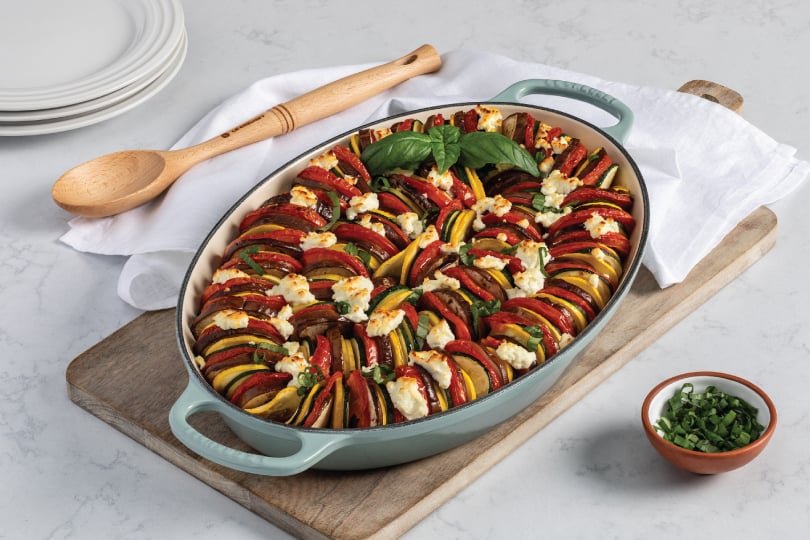 Roasted Red Pepper Ratatouille with Goat Cheese
