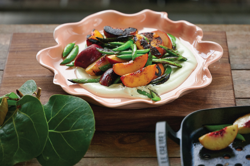 Char-Roasted Peaches & Sugar Snap Peas with Whipped Feta