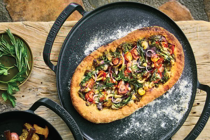 Vegetable Flatbread with Almond Arugula Pesto
