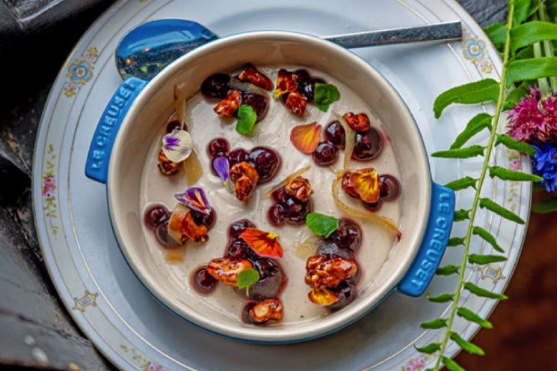 Coconut Lime Malabi with Pomegranate Gel and Caramel Cashews