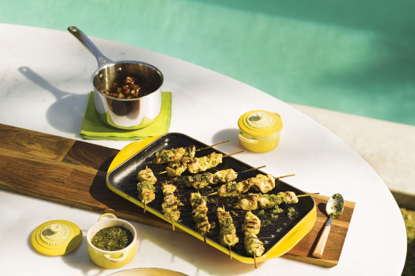 Chicken Satay with Charred Plum Compote and Cashew Pesto