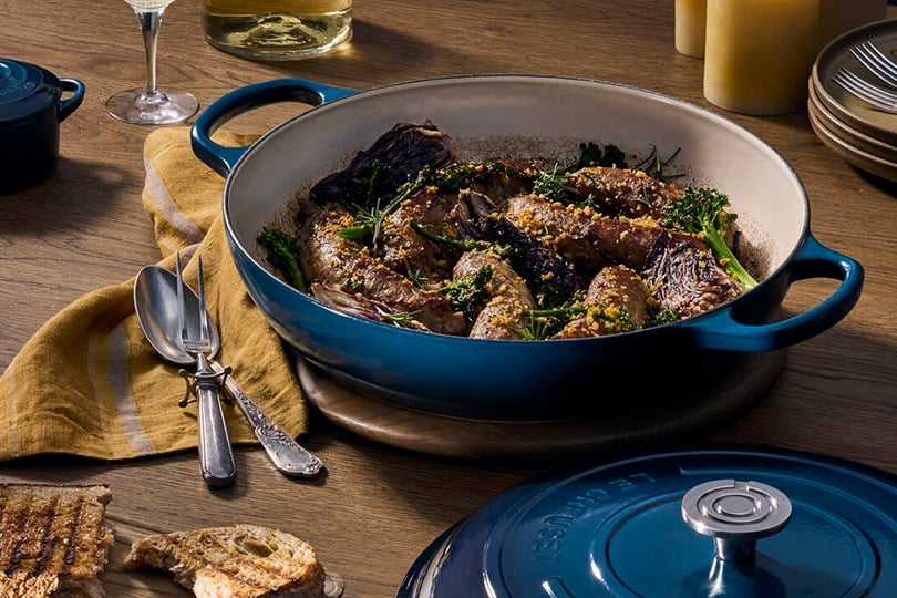 Braised Sausages with Rosemary Balsamic Radicchio and Broccolini