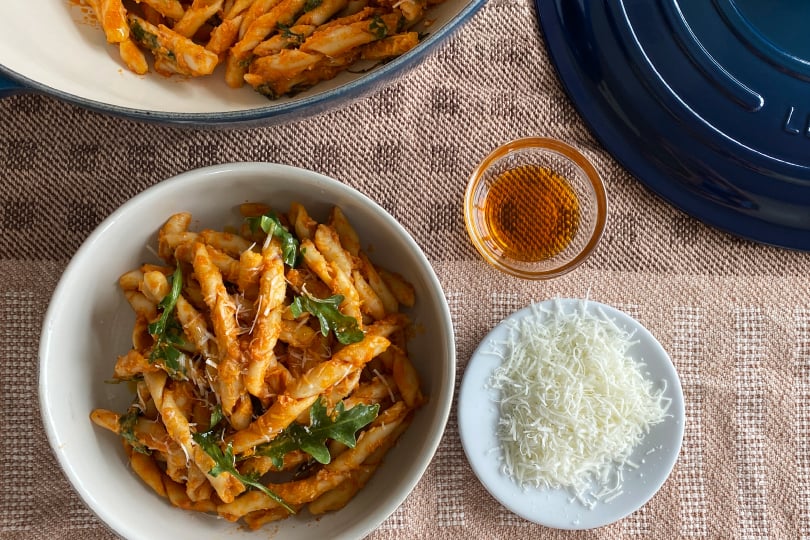 Busiate Pasta with Spicy Garlic and Tomato Confit Sauce
