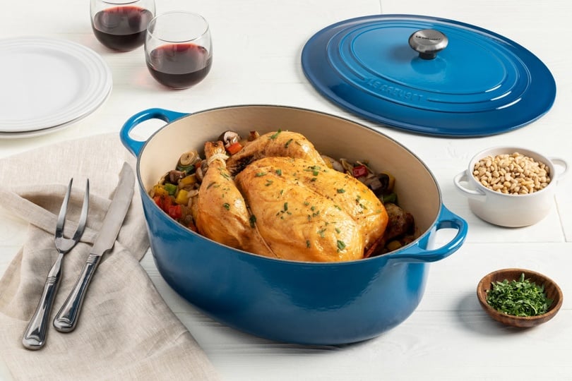 Tomato Roasted Whole Chicken with Mushrooms and Pine Nuts