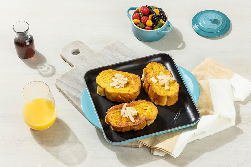 Saffron Coconut French Toast with Minted Berries and Cardamom Syrup