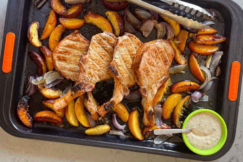 Sheet Pan Pork Chops with Roasted Peaches and Balsamic Ranch