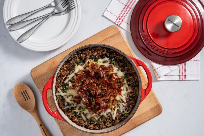 Sausage, Gruyere and Wild Rice Casserole with Crispy Prosciutto