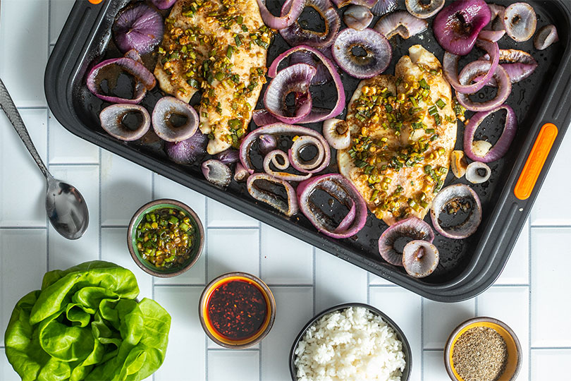 Ginger Scallion Fish Ssäm with Charred Onions