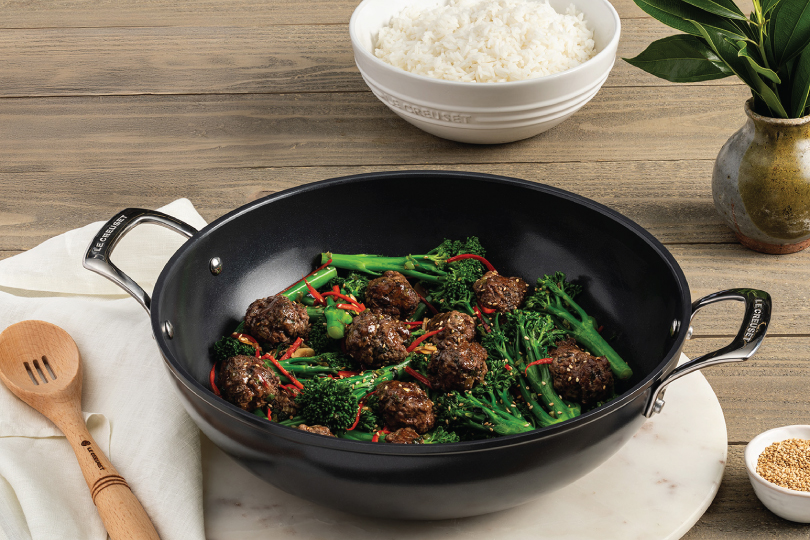 Bison Mushroom Meatballs with Stir-fried Broccolini