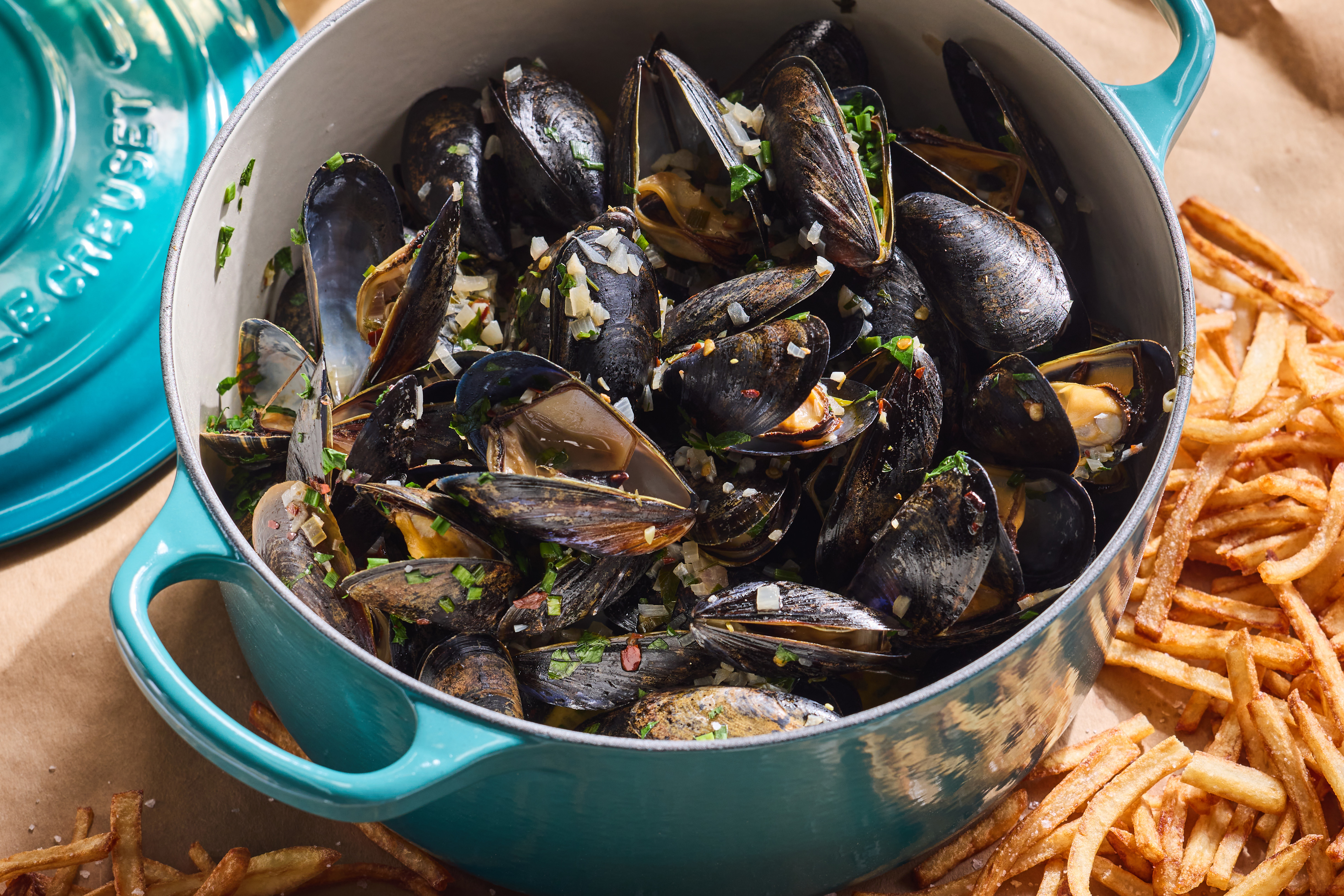Mussels with White Wine, Garlic, and Herbs with Frites
